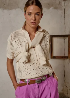 Damen Luis Trenker Häkelpullover Mit Tiefem V-Ausschnitt Lualtea