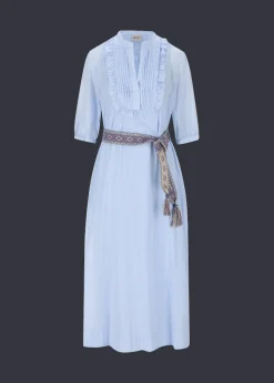 Damen Luis Trenker Langes Baumwollkleid Mit Plastron Luceleste